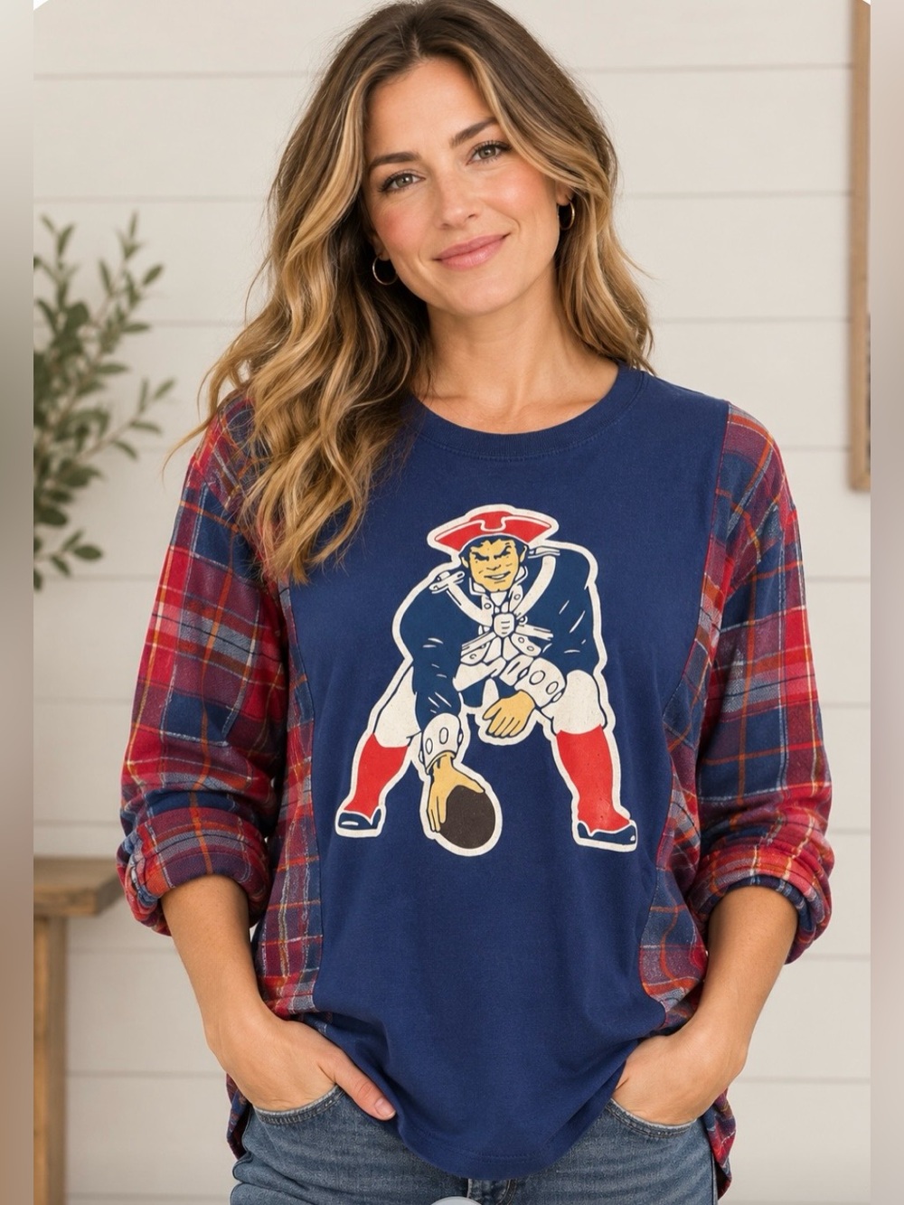 Custom Upcycled NE Patriots T shirt flannel mash up - football season is here!